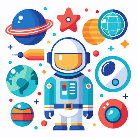 Cartoon astronaut in space surrounded by planets, stars and comets.のイラスト素材