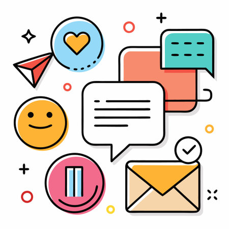 Colorful icons of email, heart, chat, smiley faces, and checkmark in a modern design.のイラスト素材