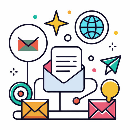 Colorful illustration of email icons with paper airplane and lightbulb.のイラスト素材