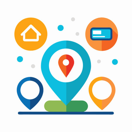 Location pin with different icons around it on a white background.のイラスト素材