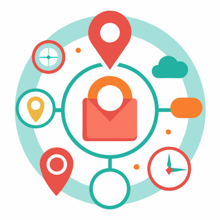 Abstract illustration of a padlock connected to different icons, including location pins, a clock, and a cloud, symbolizing the concept of security and digital protection.のイラスト素材