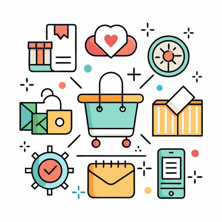 Colorful shopping cart surrounded by icons of online store.のイラスト素材