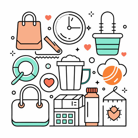 Colorful line icons of shopping, time, love, and more.のイラスト素材