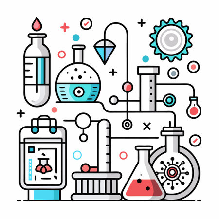 Chemistry lab equipment with beakers, flasks, and test tubes with a colorful and modern design.のイラスト素材