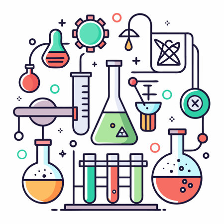 Illustration of colorful beakers and test tubes, with a science theme.のイラスト素材