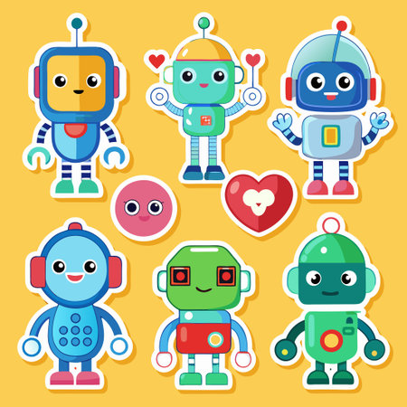 Adorable set of sticker robots with hearts.のイラスト素材