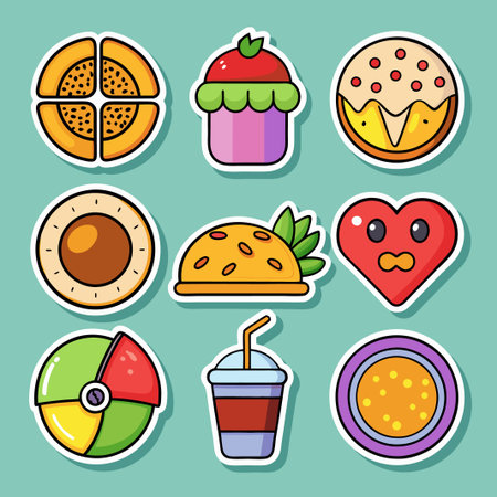 Colorful cartoon stickers with food and beverage designs.のイラスト素材
