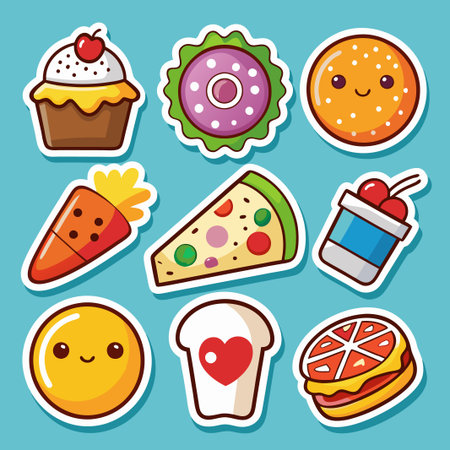 Cute food stickers with smiling faces on blue background.のイラスト素材