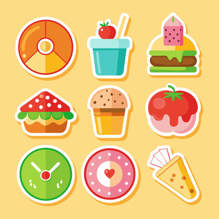 Nine Colorful Stickers with Food and Clock Icons.のイラスト素材