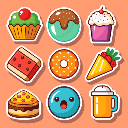 Colorful stickers of various desserts and treats.のイラスト素材