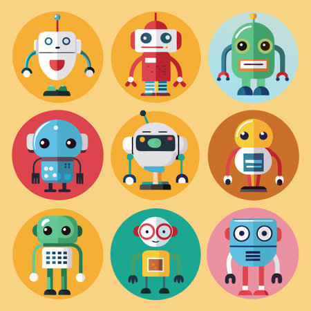 Nine colorful robots in circles.