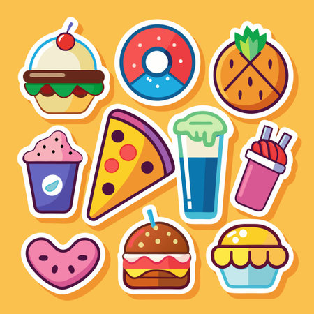 Colorful cartoon stickers of various food items a donut, burger, ice cream, pizza, drink, smoothie, watermelon, and pie.のイラスト素材