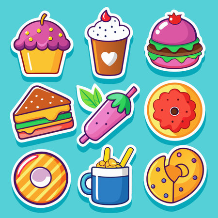Set of colorful cartoon food stickers.のイラスト素材