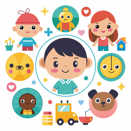 Smiling cartoon boy surrounded by friends and objects.のイラスト素材
