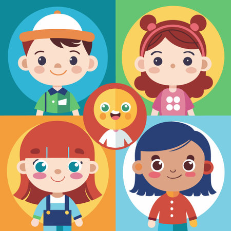 Four smiling cartoon children, boy and girl, in circle frames.のイラスト素材