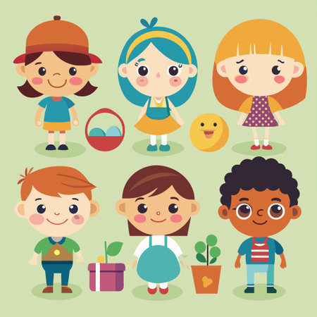 Six cute cartoon children in various outfits, with a chick, basket of eggs, and potted plants.のイラスト素材