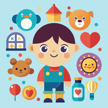 Cute boy surrounded by cartoon icons like hearts, teddy bear, and sun.のイラスト素材