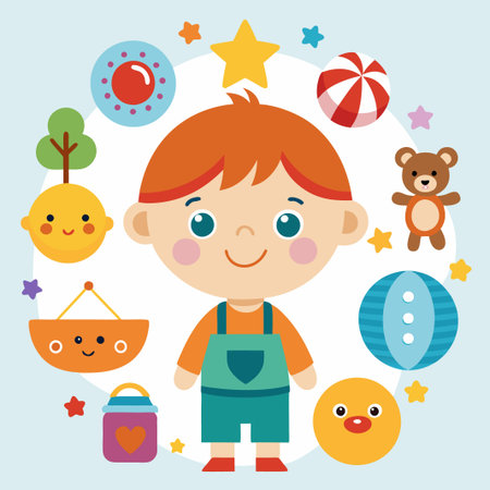 Happy boy surrounded by toys and objects for nursery design.のイラスト素材