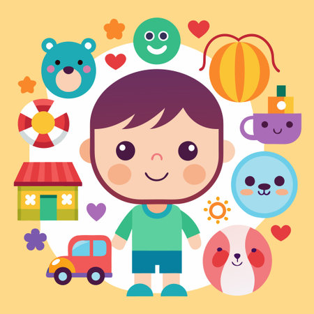 Happy boy surrounded by cute toys.のイラスト素材