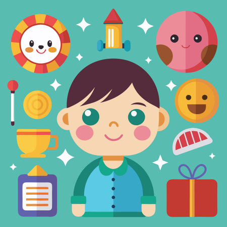 Happy child surrounded by fun icons.のイラスト素材