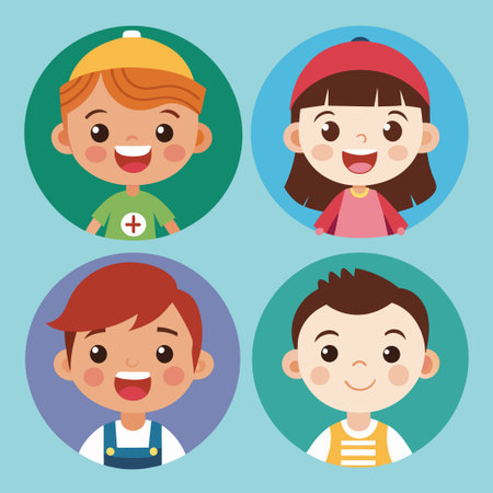 Set of four smiling cartoon kids with different hairstyles and clothing.のイラスト素材