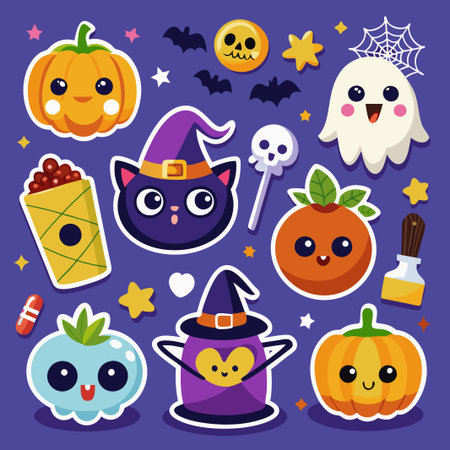 Cute Halloween Stickers of Pumpkins, Ghosts, Bats, a Cat, Candy Corn, and more.のイラスト素材