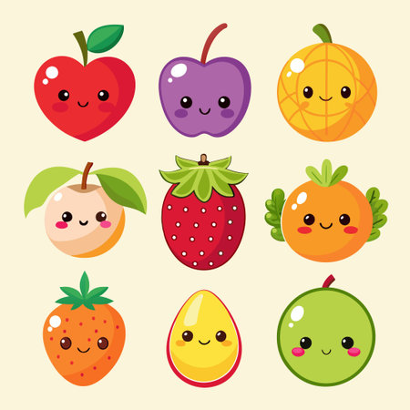 Set of nine cute cartoon fruits with smiling faces.のイラスト素材