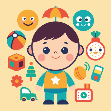 Happy boy with toys and umbrella.のイラスト素材