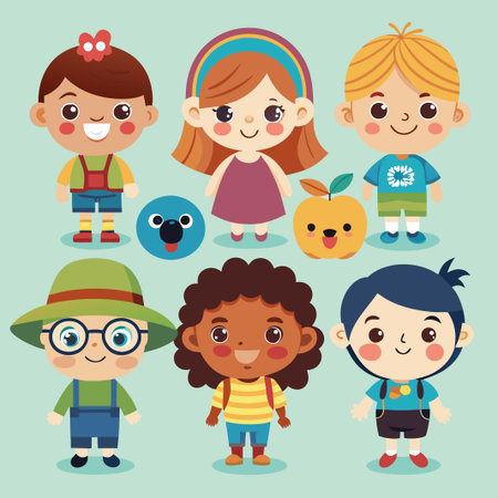 A group of six happy cartoon children stand together in different poses.のイラスト素材