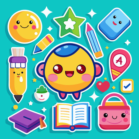 Cute cartoon school supplies with a happy character in the center.のイラスト素材
