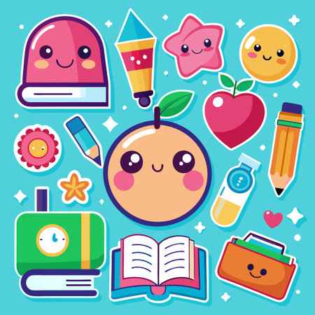 Cute cartoon school supplies stickers on a blue background.のイラスト素材
