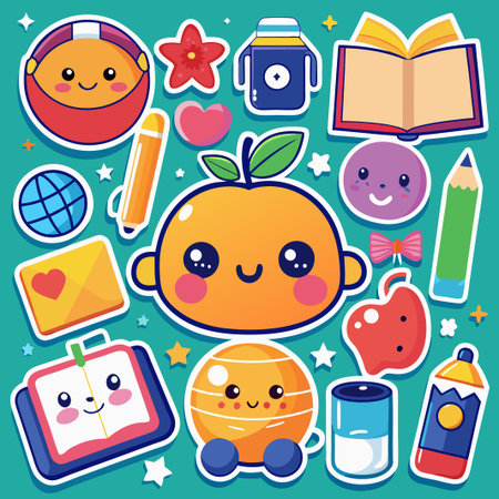 Cute cartoon stickers with various shapes and colors on a blue background.のイラスト素材