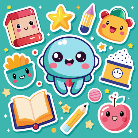Cute cartoon stickers of school supplies, fruit, and stars on a green background.のイラスト素材