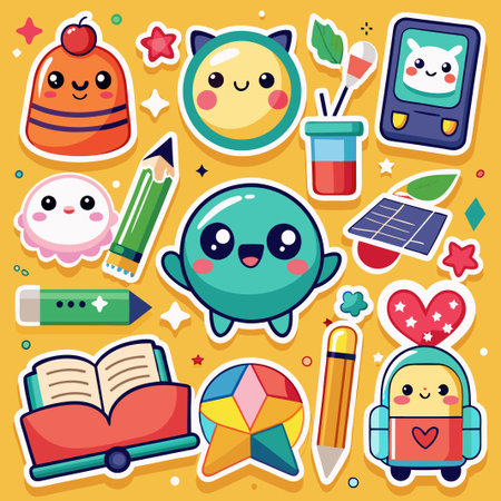 Cute cartoon stickers with a variety of characters and objects on a yellow background.のイラスト素材