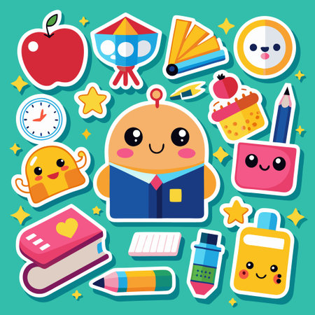 Cute cartoon stickers with school supplies and objects like clock, apple, book, pencil and eraser.のイラスト素材