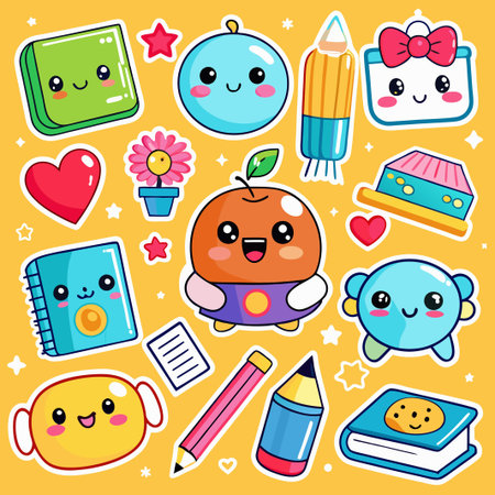 Cute cartoon school supplies stickers on yellow background.のイラスト素材