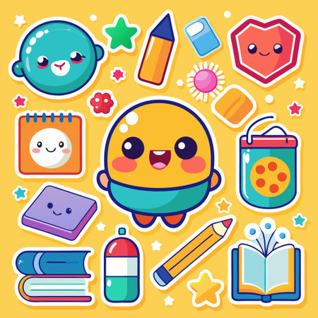 Cute kawaii characters of school supplies in stickers.のイラスト素材