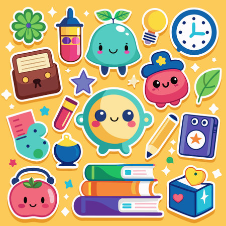 Cute cartoon stickers with school supplies,  fruits, clock, and other objects.のイラスト素材