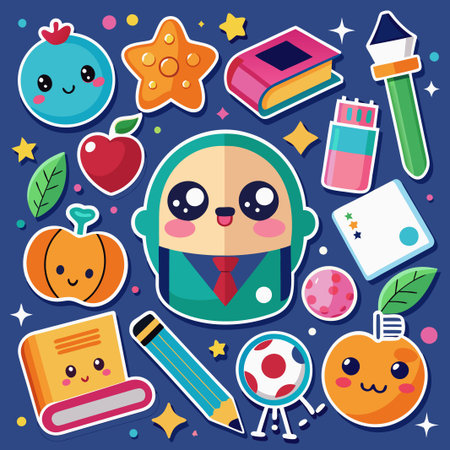 Cute cartoon stickers of school supplies, fruits, and a man wearing a suit.のイラスト素材