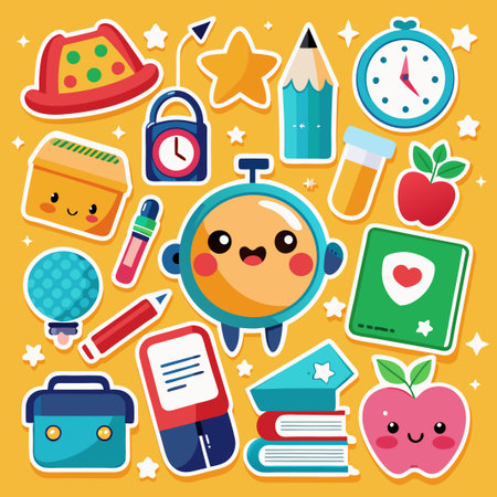 Cute cartoon school supplies stickers with a yellow background.のイラスト素材