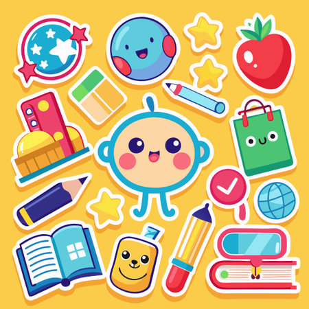 Colorful cartoon stickers with educational icons on yellow background.のイラスト素材