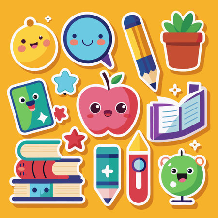 Cute cartoon stickers with school supplies.のイラスト素材