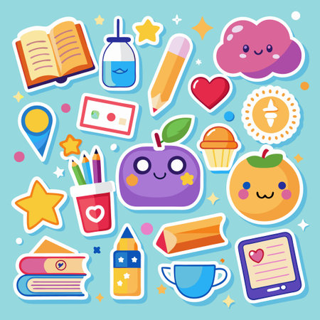 Cute stickers with books, pencils, and hearts.のイラスト素材