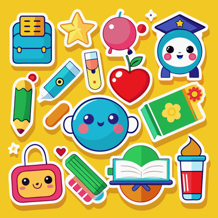 Cute cartoon school supplies stickers.のイラスト素材