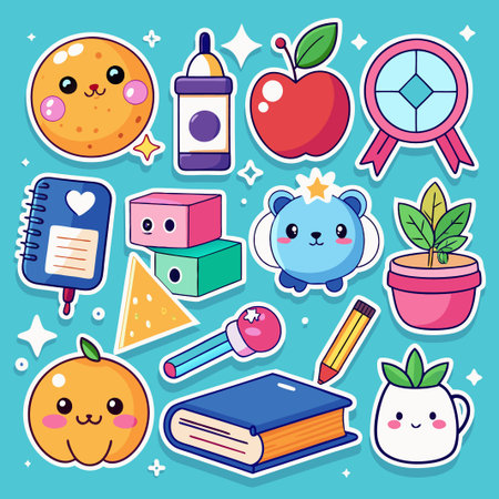 Cute Cartoon Stickers of School Supplies, Fruits, and Other Objects.のイラスト素材