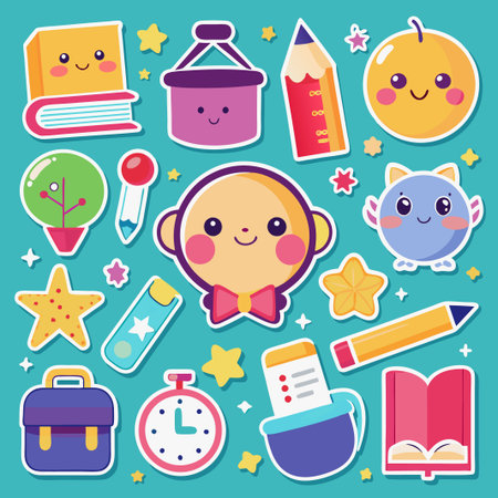 Cute cartoon stickers with school supplies, stars, and characters.のイラスト素材