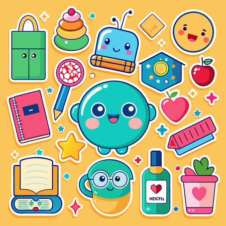 Cute cartoon stickers with various objects with faces.のイラスト素材