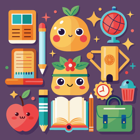 Cute school supplies with a purple background.のイラスト素材