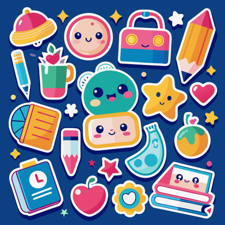 Colorful Cute Stickers with School and Educational Icons.のイラスト素材