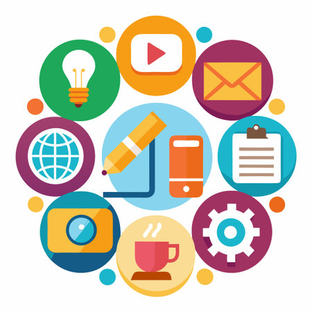 Colorful flat icons in circles, showing different business concepts like idea, video, mail, globe, pencil, phone, document, camera, coffee and gear.のイラスト素材